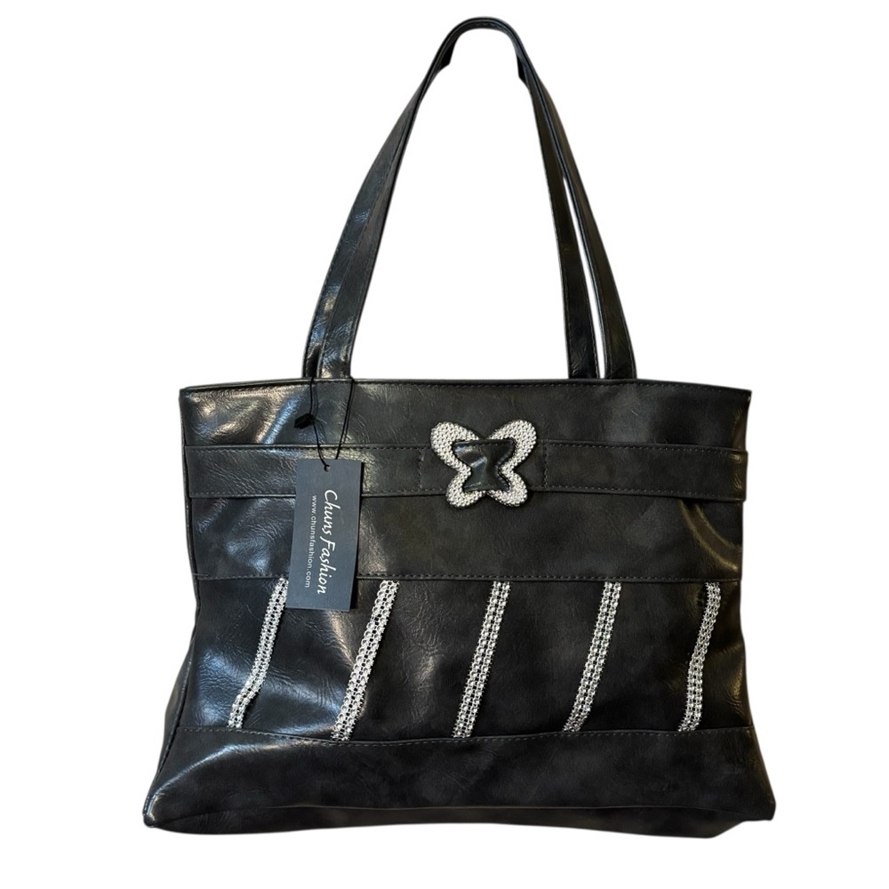 NWT Tote Chuns Fashion Dark Grey Silver Crystal Accents Butterfly Faux Leather